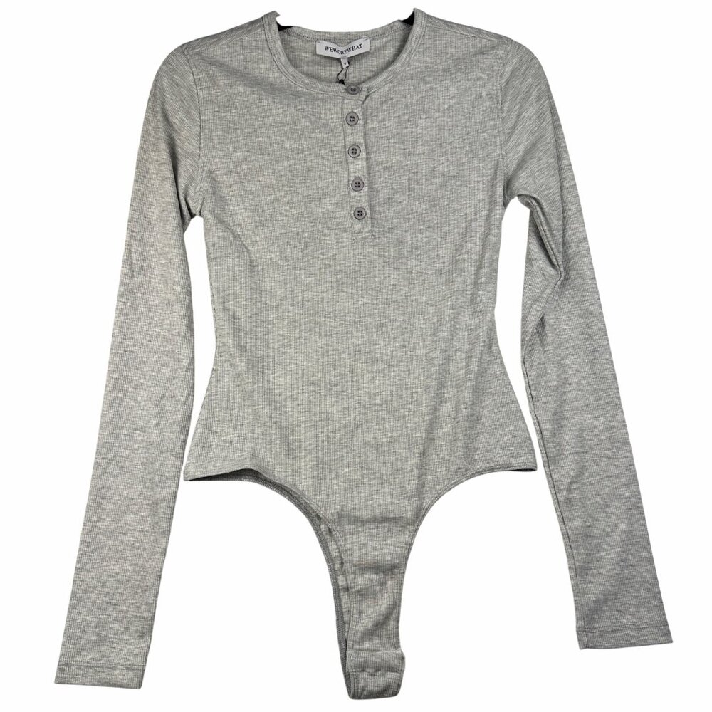 WeWoreWhat Womens Henley Bodysuit Gray Sz S Ribbed Long-Sleeve Comfy Stretch NWT - Picture 10 of 12